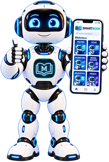 Bookyto, o mascote SmartBook, mostrando a biblioteca no celular
